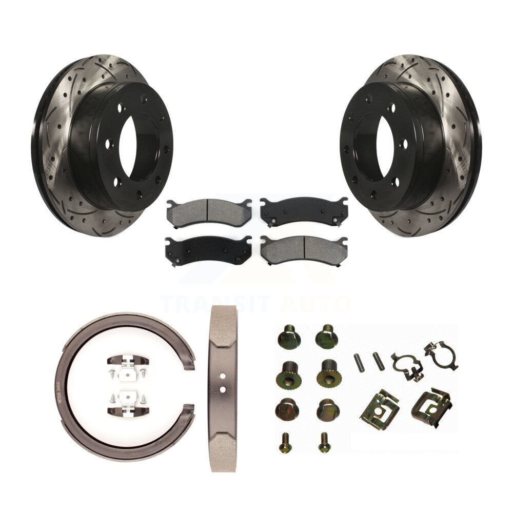Rear Disc Drilled & Slotted Rotors Semi-Metallic Pads Parking Shoes Hardware Kit For GMC KDS-101510