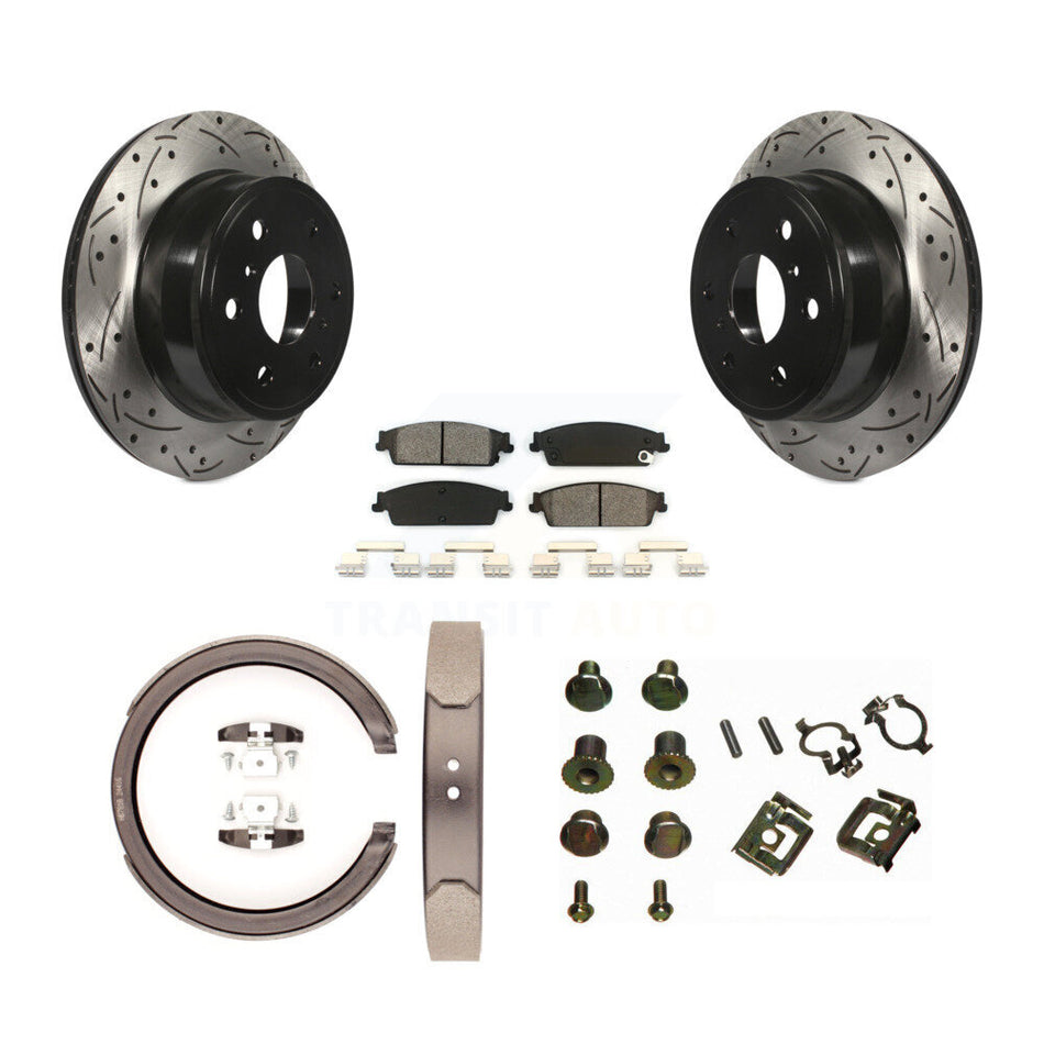 Rear Disc Drilled & Slotted Rotors Semi-Metallic Pads Parking Shoes Hardware Kit For 1500 KDS-101512