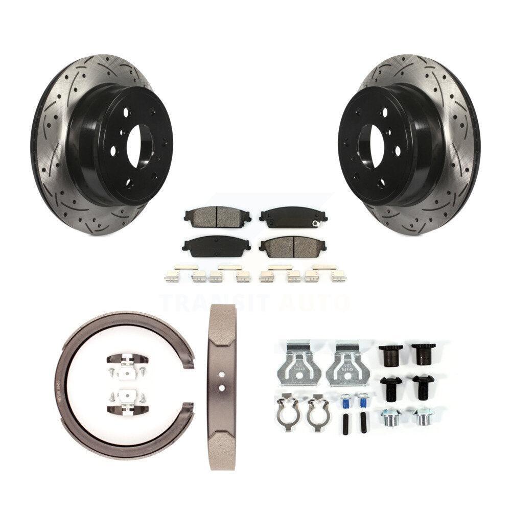 Rear Disc Drilled & Slotted Rotors Semi-Metallic Pads Parking Shoes Hardware Kit For GMC KDS-101513