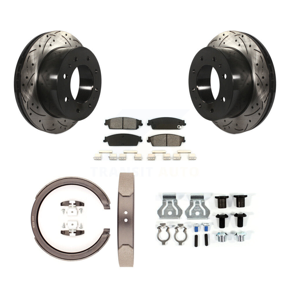 Rear Disc Drilled & Slotted Rotors Semi-Metallic Pads Parking Shoes And Hardware Kit For KDS-101514