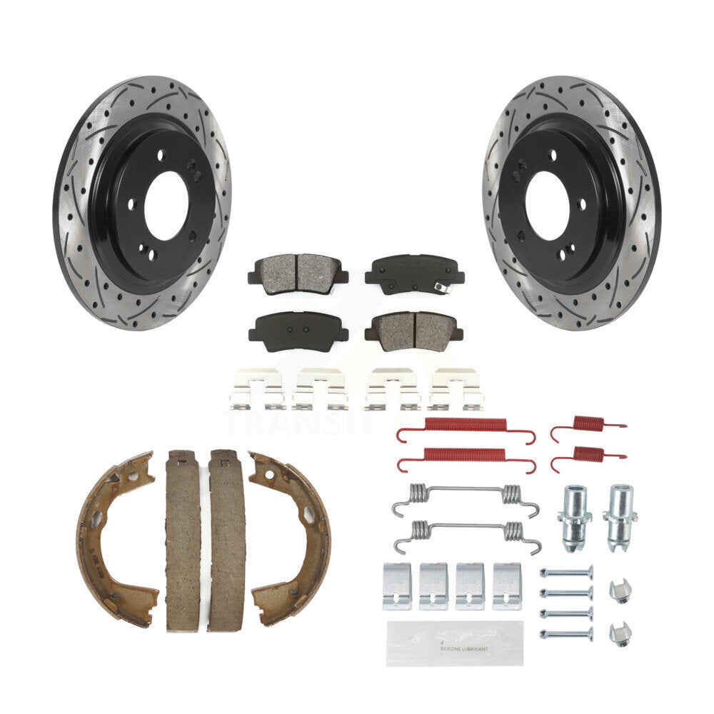 Rear Disc Drilled & Slotted Rotors Semi-Metallic Pads Parking Shoes And Hardware Kit For KDS-101516