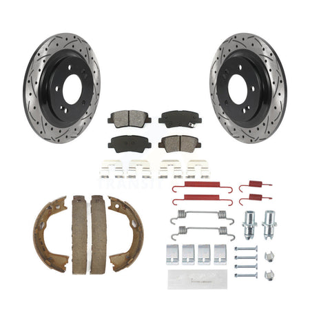 Rear Disc Drilled & Slotted Rotors Semi-Metallic Pads Parking Shoes And Hardware Kit For KDS-101516