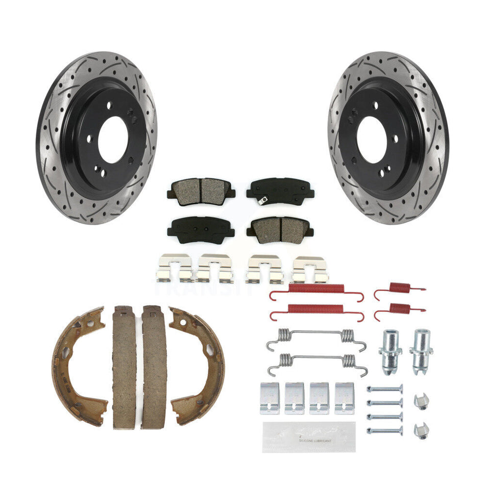 Rear Disc Drilled & Slotted Rotors Semi-Metallic Pads Parking Shoes And Hardware Kit For KDS-101517