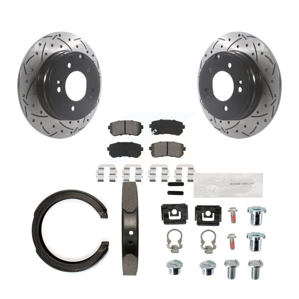 Rear Disc Drilled & Slotted Rotors Semi-Metallic Pads Parking Shoes And Hardware Kit For KDS-101518