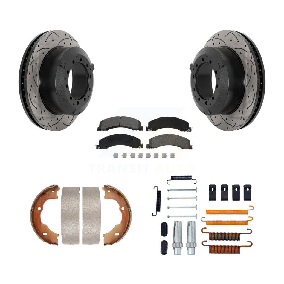 Rear Disc Drilled & Slotted Rotors Semi-Metallic Pads Parking Shoes Hardware Kit For Ram KDS-101519