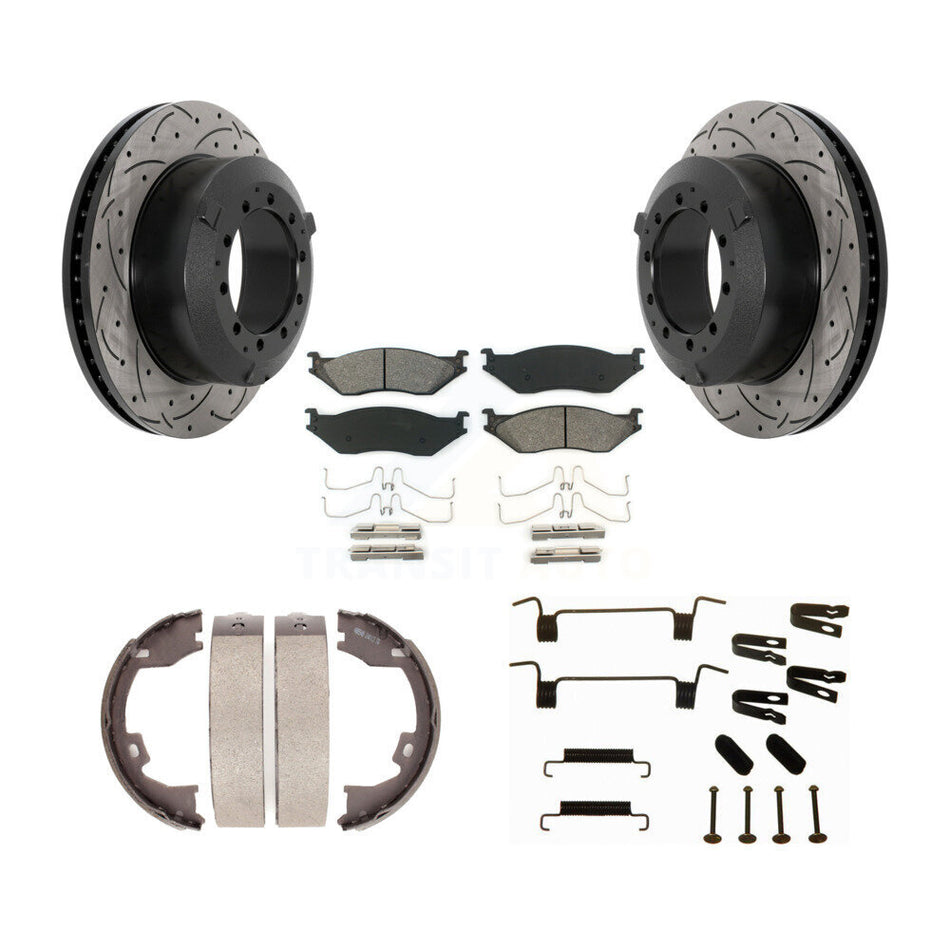 Rear Disc Drilled & Slotted Rotors Semi-Metallic Pads Parking Shoes Hardware Kit For Ford KDS-101523