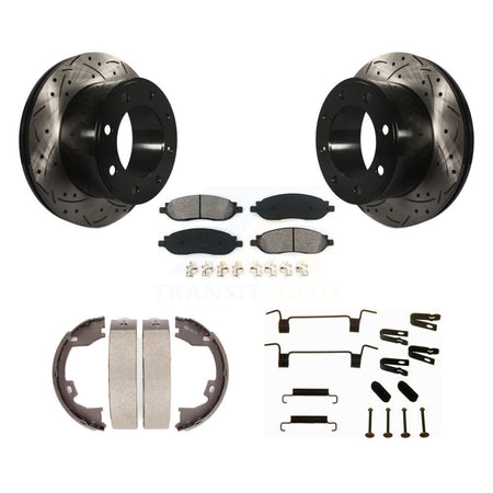Rear Disc Drilled & Slotted Rotors Semi-Metallic Pads Parking Shoes Hardware Kit For Ford KDS-101524