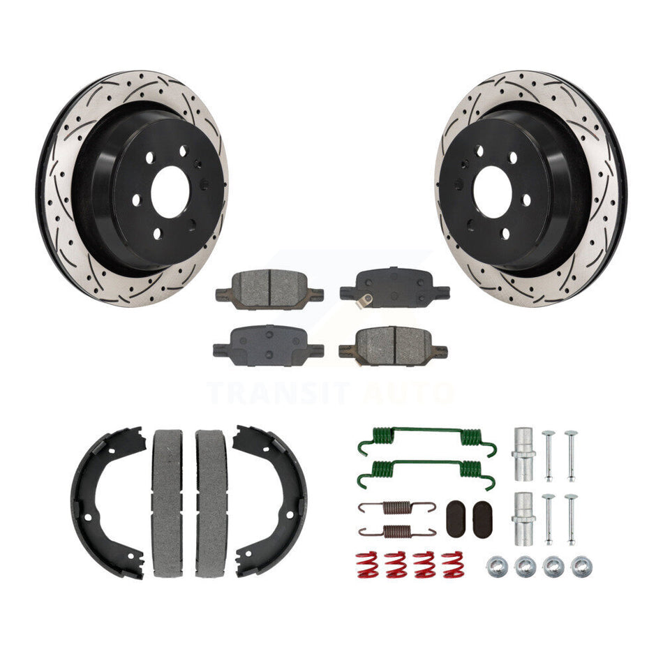 Rear Disc Drilled & Slotted Rotors Semi-Metallic Pads Parking Shoes Hardware Kit For GMC KDS-101526