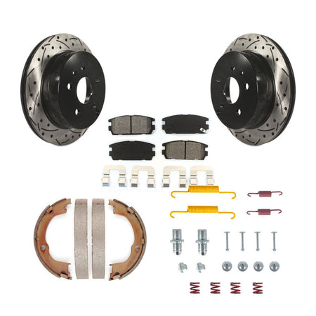 Rear Disc Drilled & Slotted Rotors Semi-Metallic Pads Parking Shoes Hardware Kit For GMC KDS-101527