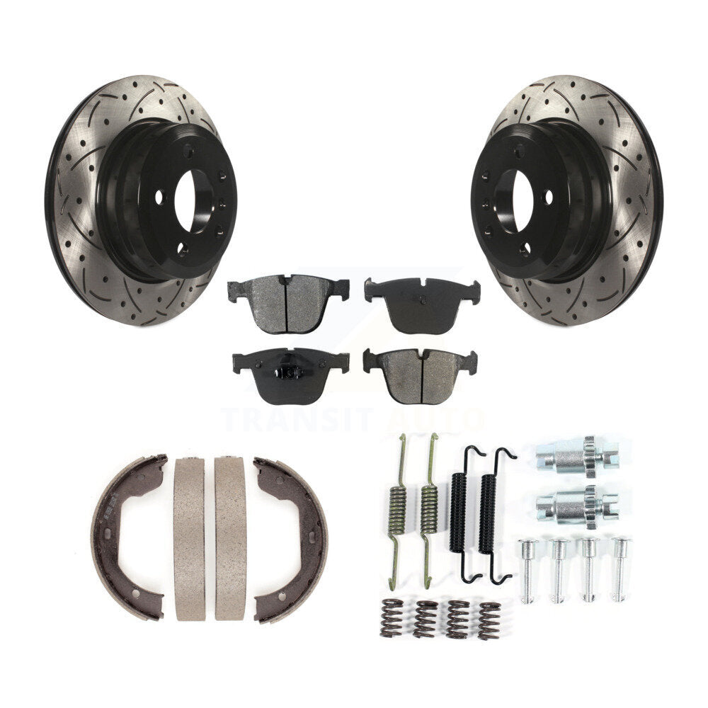 Rear Disc Drilled & Slotted Rotors Semi-Metallic Pads Parking Shoes And Hardware Kit For KDS-101529