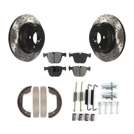 Rear Disc Drilled & Slotted Rotors Semi-Metallic Pads Parking Shoes And Hardware Kit For KDS-101529
