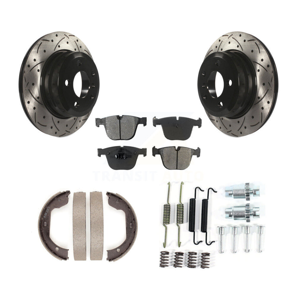 Rear Disc Drilled & Slotted Rotors Semi-Metallic Pads Parking Shoes And Hardware Kit For KDS-101529