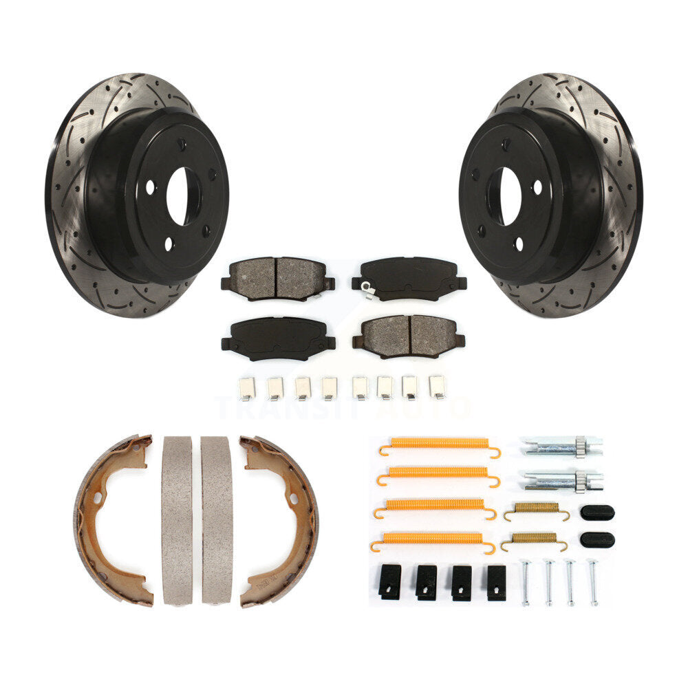 Rear Disc Drilled & Slotted Rotors Semi-Metallic Pads Parking Shoes Hardware Kit For Jeep KDS-101530