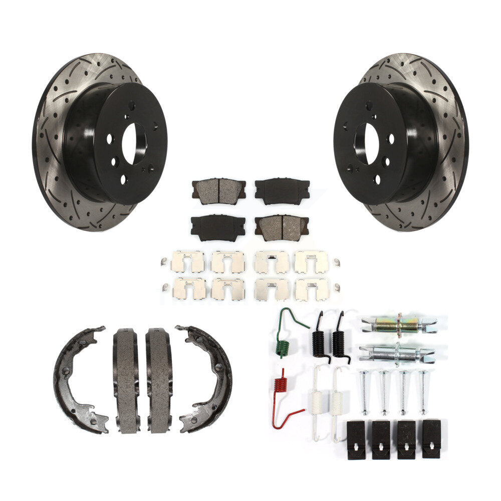 Rear Disc Drilled & Slotted Rotors Semi-Metallic Pads Parking Shoes And Hardware Kit For KDS-101531