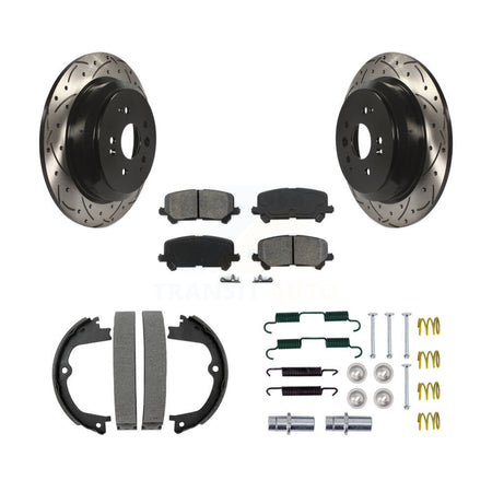 Rear Disc Drilled & Slotted Rotors Semi-Metallic Pads Parking Shoes And Hardware Kit For KDS-101532