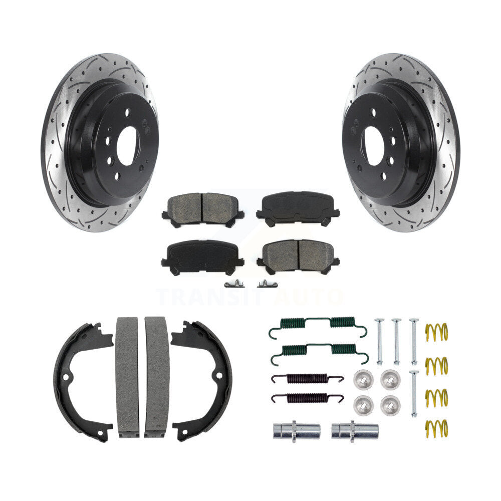 Rear Disc Drilled & Slotted Rotors Semi-Metallic Pads Parking Shoes And Hardware Kit For KDS-101533