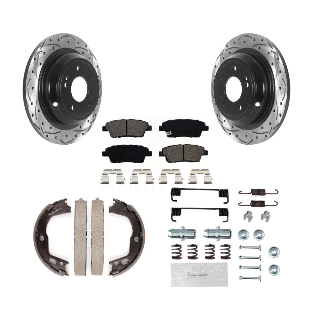 Rear Disc Drilled & Slotted Rotors Semi-Metallic Pads Parking Shoes And Hardware Kit For KDS-101534