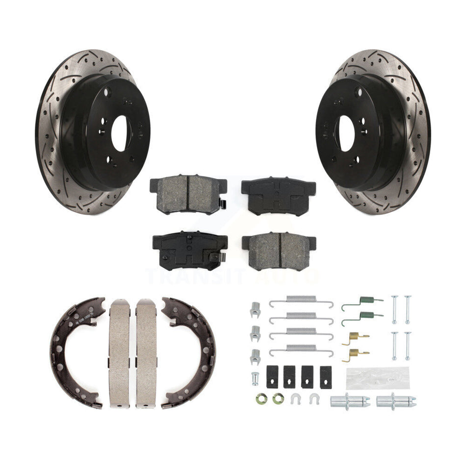 Rear Disc Drilled & Slotted Rotors Semi-Metallic Pads Parking Shoes And Hardware Kit For KDS-101539