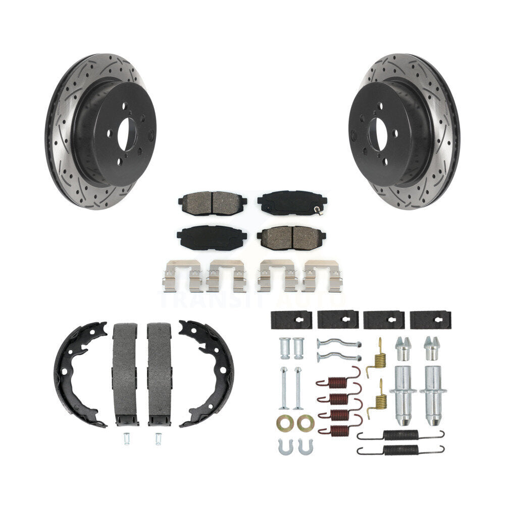 Rear Disc Drilled & Slotted Rotors Semi-Metallic Pads Parking Shoes And Hardware Kit For KDS-101540