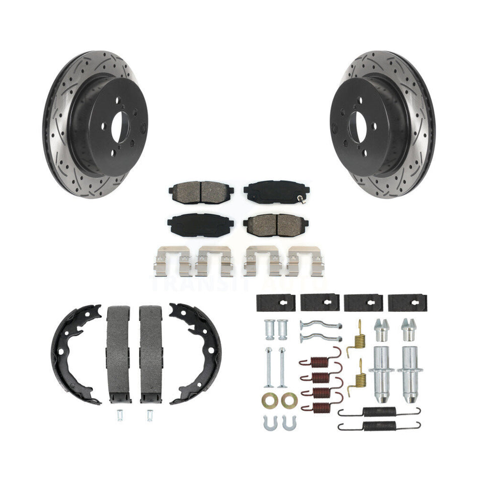 Rear Disc Drilled & Slotted Rotors Semi-Metallic Pads Parking Shoes And Hardware Kit For KDS-101540