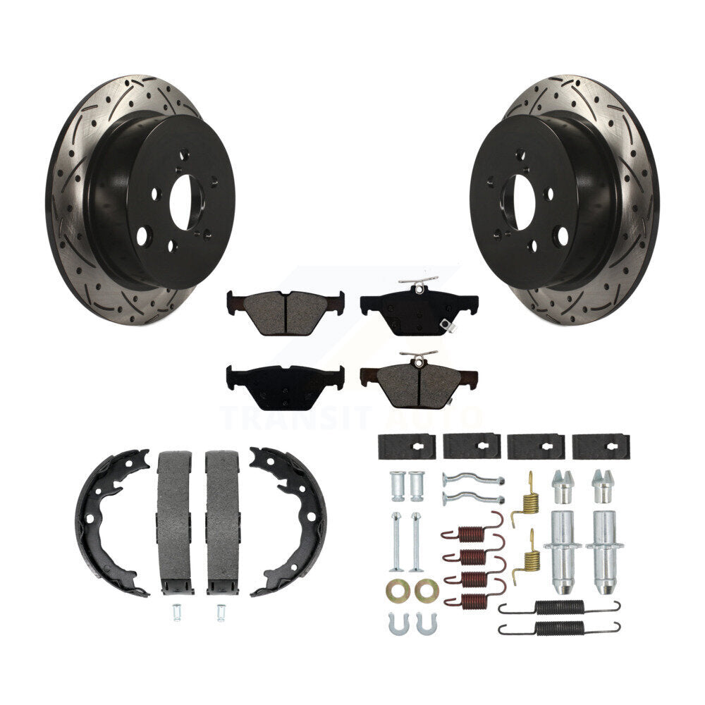 Rear Disc Drilled & Slotted Rotors Semi-Metallic Pads Parking Shoes And Hardware Kit For KDS-101541
