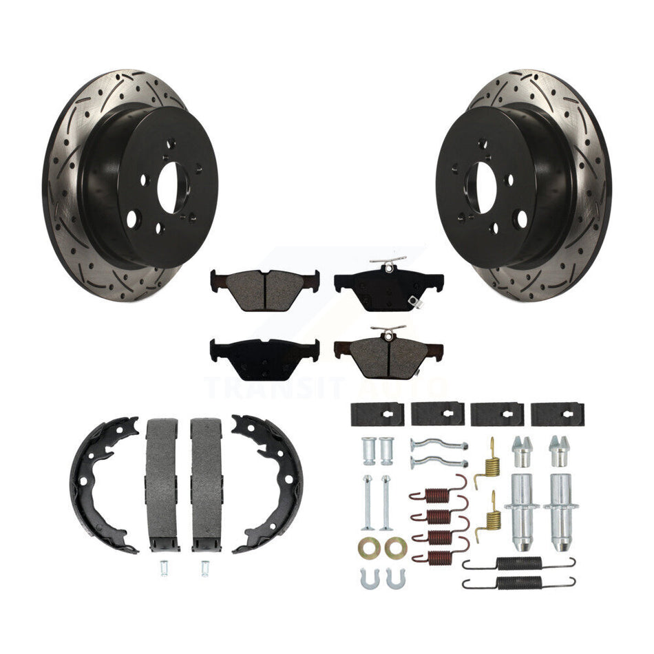 Rear Disc Drilled & Slotted Rotors Semi-Metallic Pads Parking Shoes And Hardware Kit For KDS-101541