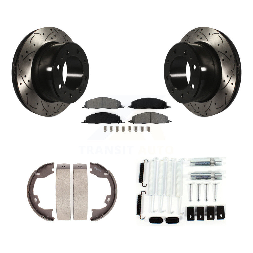 Rear Disc Drilled & Slotted Rotors Semi-Metallic Pads Parking Shoes And Hardware Kit For KDS-101543