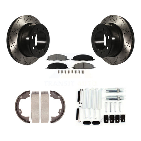 Rear Disc Drilled & Slotted Rotors Semi-Metallic Pads Parking Shoes And Hardware Kit For KDS-101543