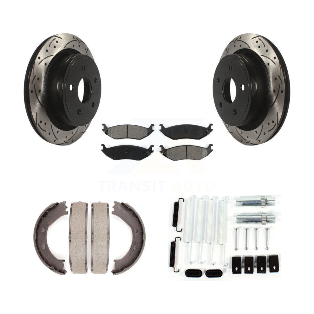 Rear Disc Drilled & Slotted Rotors Semi-Metallic Pads Parking Shoes And Hardware Kit For KDS-101545