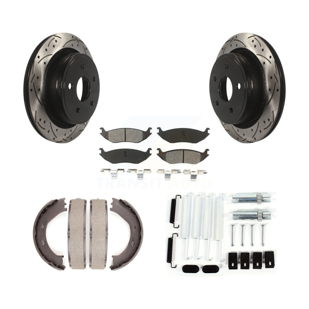 Rear Disc Drilled & Slotted Rotors Semi-Metallic Pads Parking Shoes Hardware Kit For Ram KDS-101546