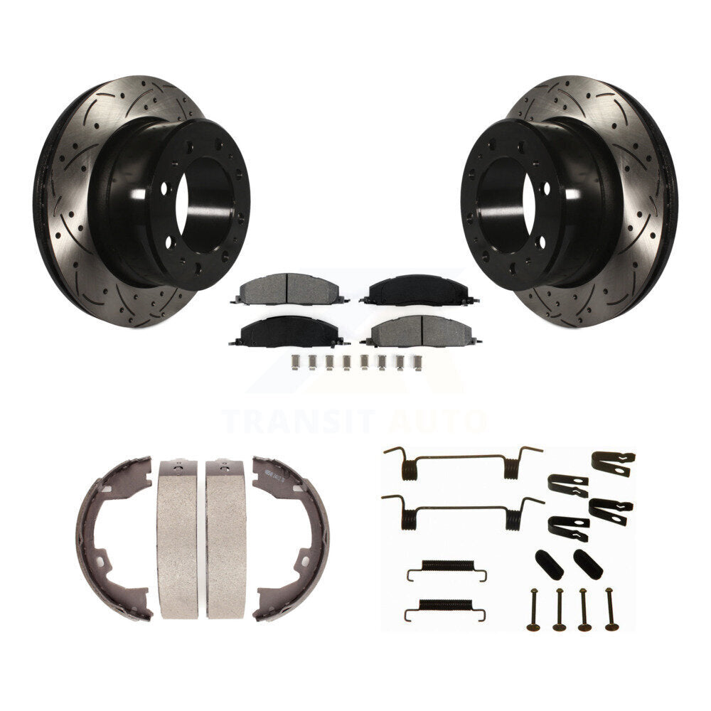 Rear Disc Drilled & Slotted Rotors Semi-Metallic Pads Parking Shoes Hardware Kit For Ram KDS-101550