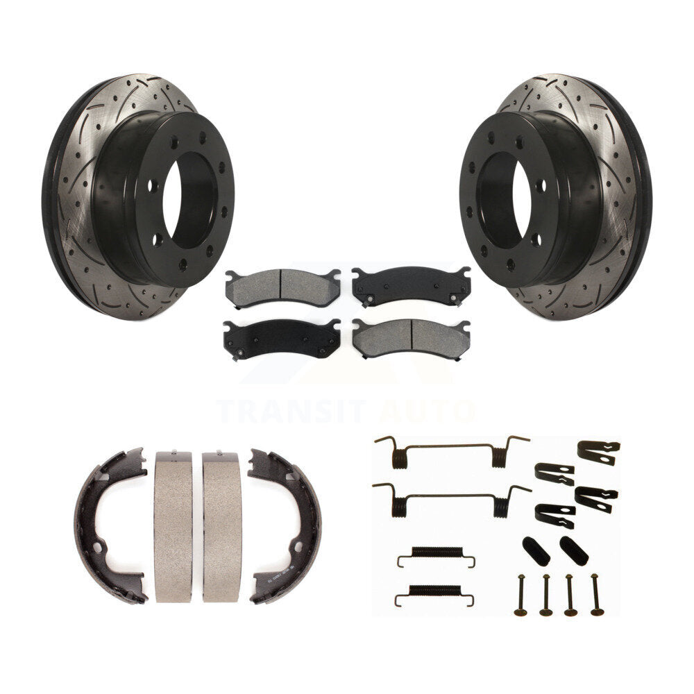 Rear Disc Drilled & Slotted Rotors Semi-Metallic Pads Parking Shoes Hardware Kit For GMC KDS-101551