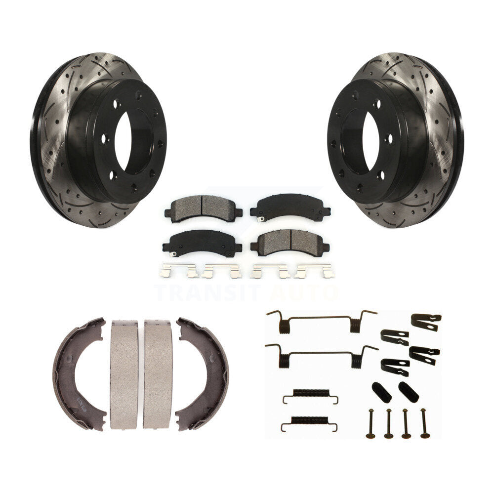 Rear Disc Drilled & Slotted Rotors Semi-Metallic Pads Parking Shoes Hardware Kit For 2500 KDS-101553