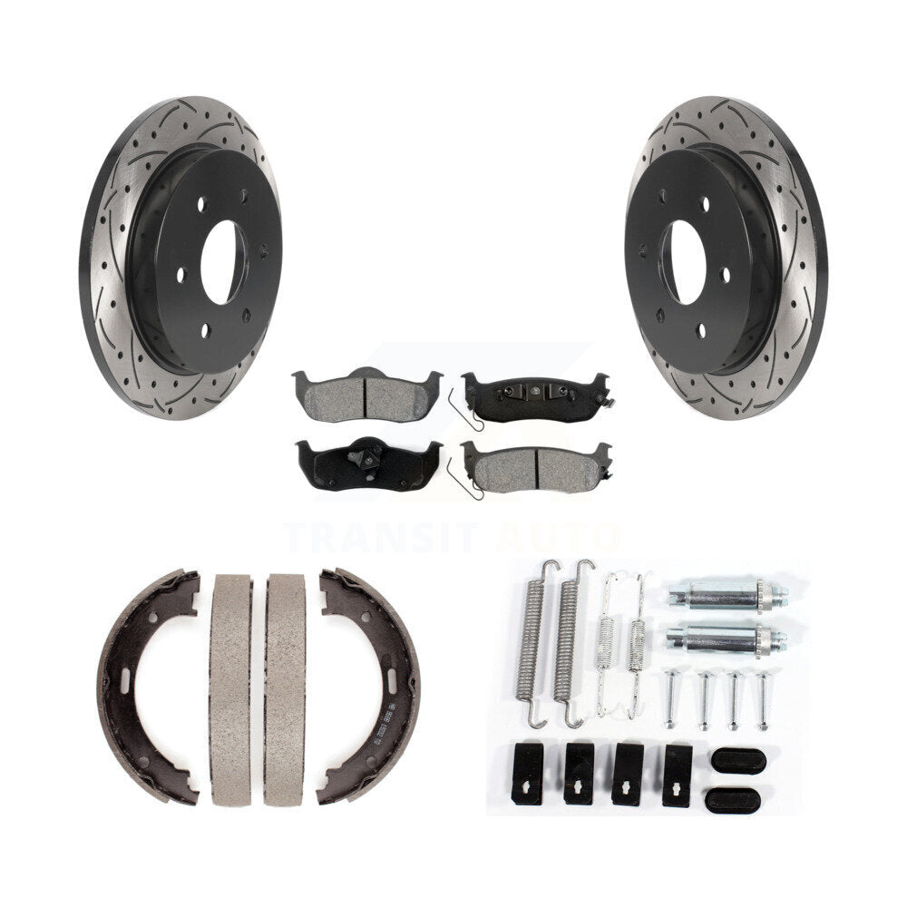 Rear Disc Drilled & Slotted Rotors Semi-Metallic Pads Parking Shoes Hardware Kit For QX56 KDS-101557