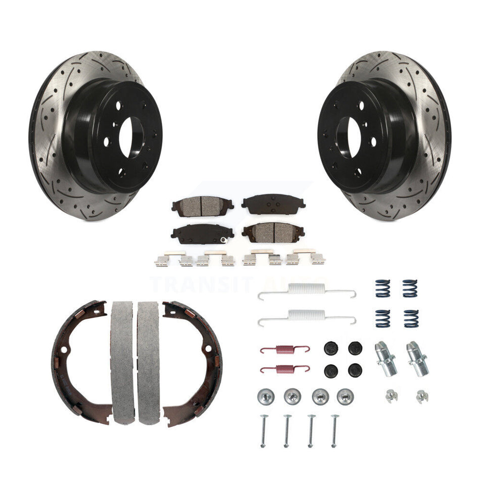 Rear Disc Drilled & Slotted Rotors Semi-Metallic Pads Parking Shoes Hardware Kit For GMC KDS-101559