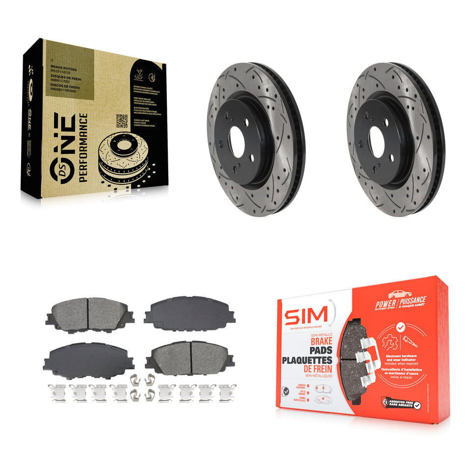 Front Drilled Slot Disc Brake Rotors Semi-Metallic Pad Kit For 2023-2024 Toyota Prius AWD KDS-101714