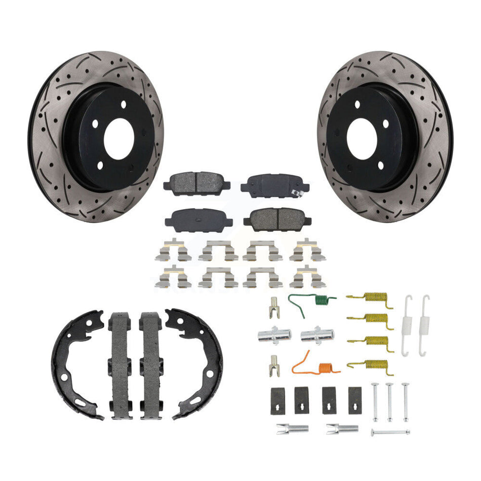 Rear Disc Drilled & Slotted Rotors Semi-Metallic Pads Parking Shoes And Hardware Kit For KDS-101751