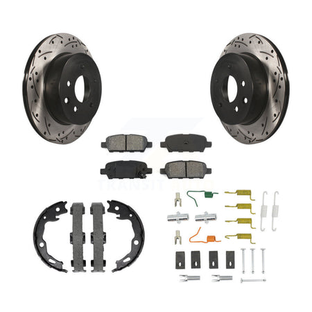 Rear Disc Drilled & Slotted Rotors Semi-Metallic Pads Parking Shoes And Hardware Kit For KDS-101752