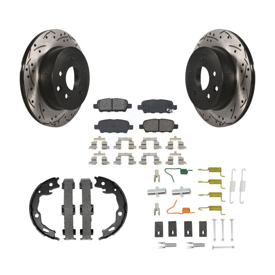 Rear Disc Drilled & Slotted Rotors Semi-Metallic Pads Parking Shoes And Hardware Kit For KDS-101752