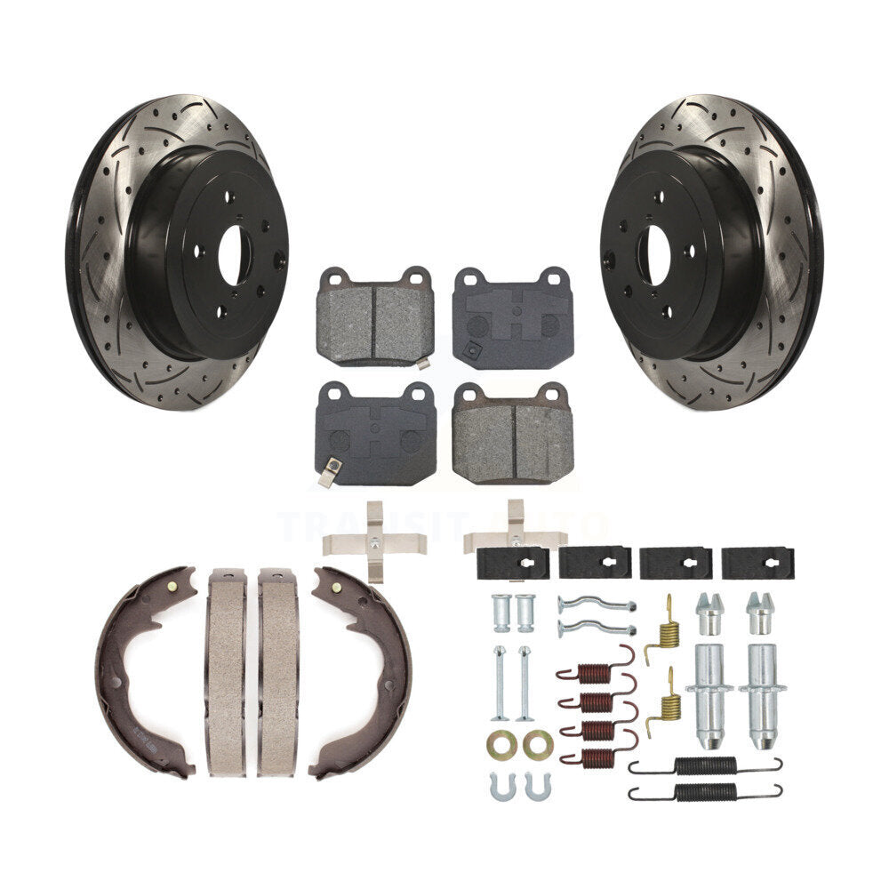 Rear Disc Drilled & Slotted Rotors Semi-Metallic Pads Parking Shoes And Hardware Kit For KDS-101754