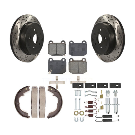 Rear Disc Drilled & Slotted Rotors Semi-Metallic Pads Parking Shoes And Hardware Kit For KDS-101754