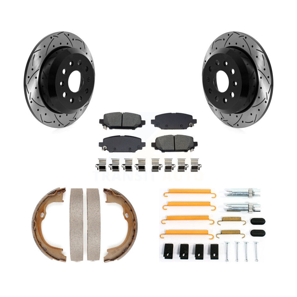 Rear Disc Drilled & Slotted Rotors Semi-Metallic Pads Parking Shoes And Hardware Kit For KDS-101760