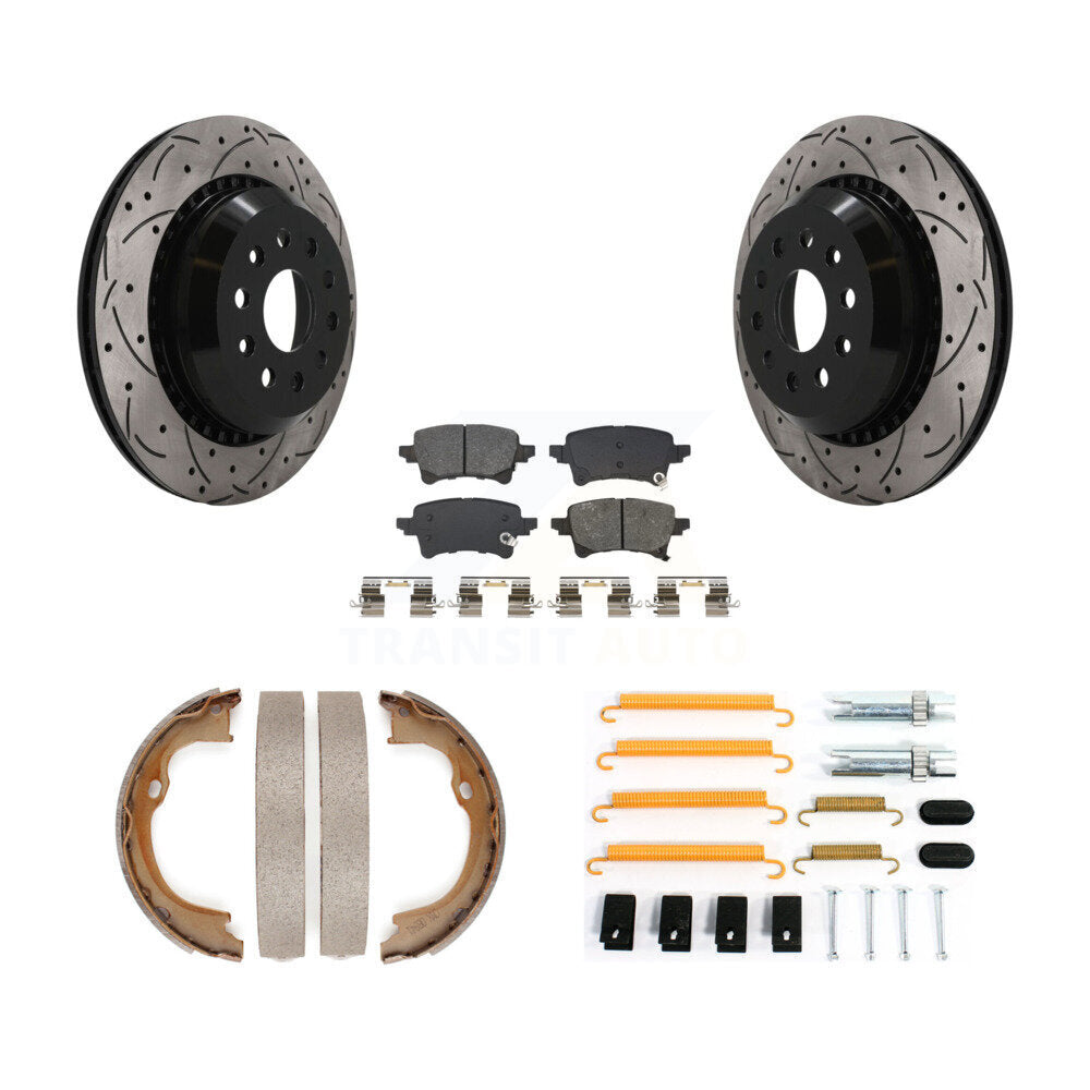 Rear Disc Drilled & Slotted Rotors Semi-Metallic Pads Parking Shoes And Hardware Kit For KDS-101762