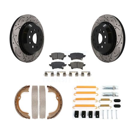 Rear Disc Drilled & Slotted Rotors Semi-Metallic Pads Parking Shoes And Hardware Kit For KDS-101762