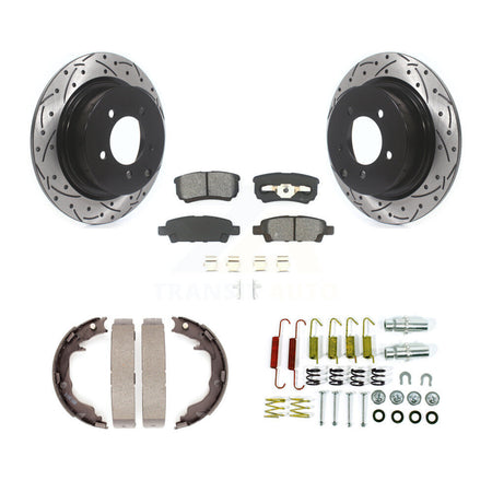 Rear Disc Drilled & Slotted Rotors Semi-Metallic Pads Parking Shoes Hardware Kit For Jeep KDS-101763