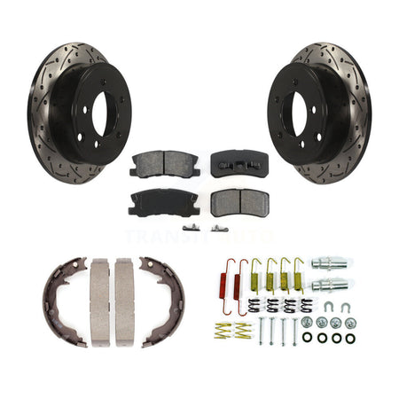 Rear Disc Drilled & Slotted Rotors Semi-Metallic Pads Parking Shoes Hardware Kit For Jeep KDS-101764