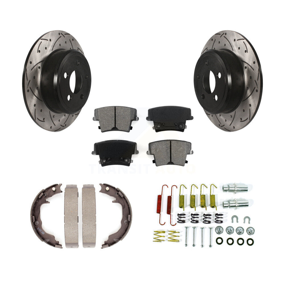 Rear Disc Drilled & Slotted Rotors Semi-Metallic Pads Parking Shoes And Hardware Kit For KDS-101765