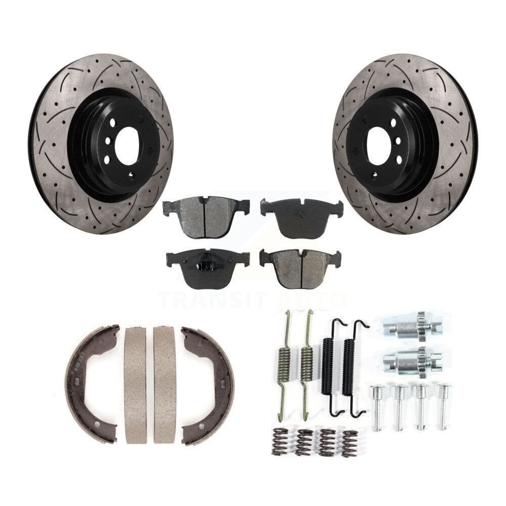 Rear Disc Drilled & Slotted Rotors Semi-Metallic Pads Parking Shoes Hardware Kit For BMW KDS-101767