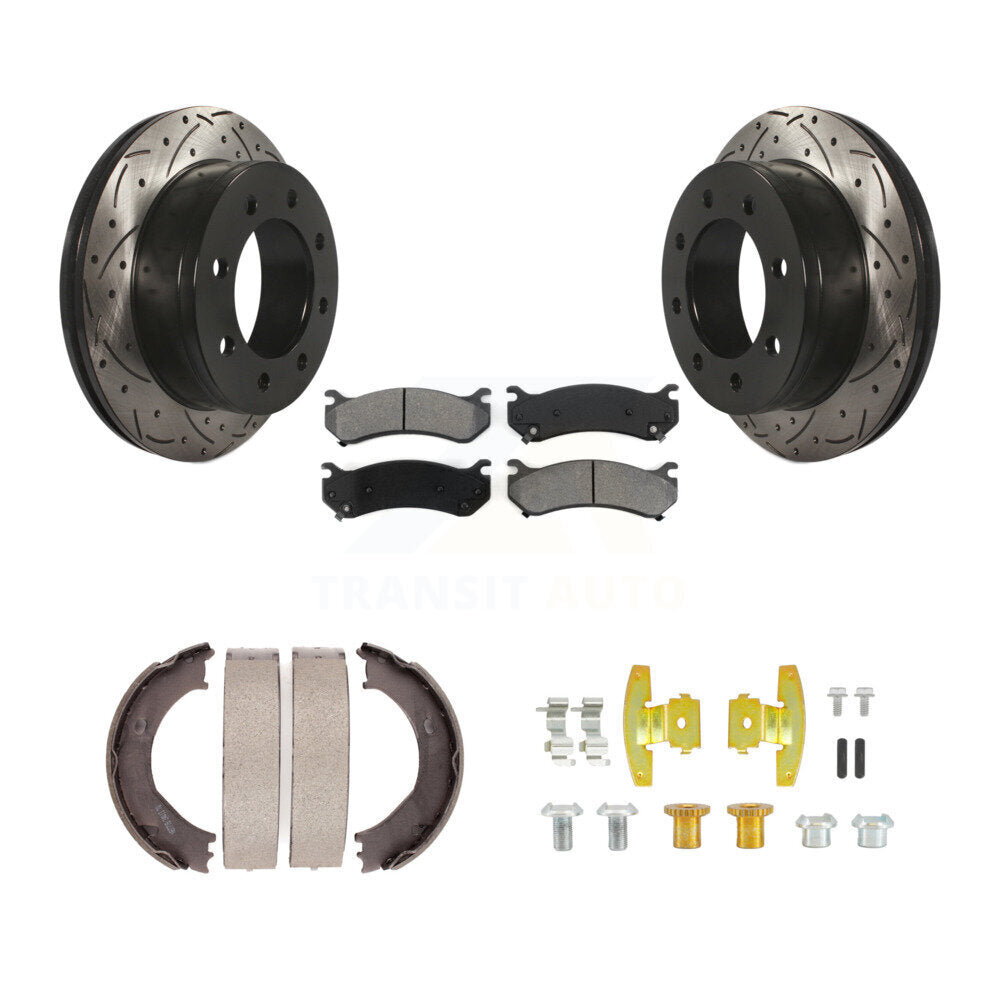 Rear Disc Drilled & Slotted Rotors Semi-Metallic Pads Parking Shoes Hardware Kit For 2500 KDS-101769