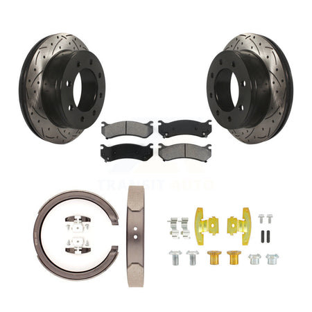Rear Disc Drilled & Slotted Rotors Semi-Metallic Pads Parking Shoes And Hardware Kit For KDS-101770